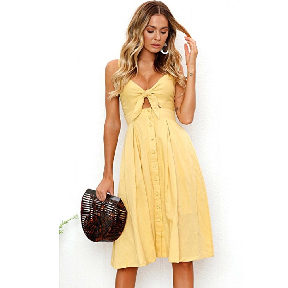 Tie Front Button Down A-Line Backless Swing Dress - image 3